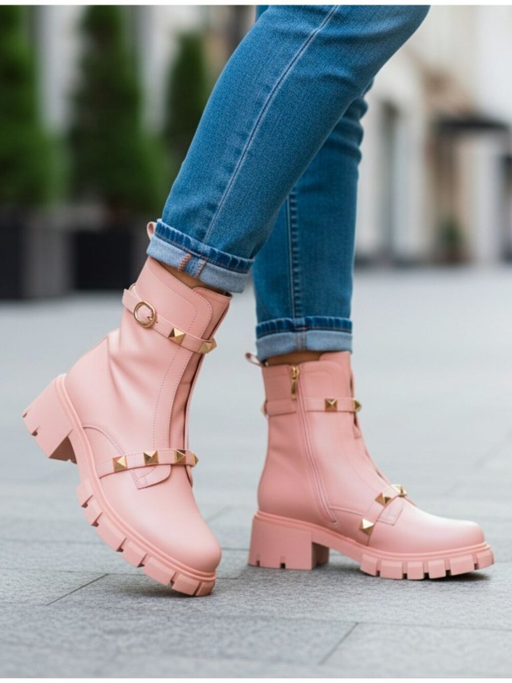 Pink Chunky Heel Ankle Boots With Gold Studded Straps & Side Zipper Closure For